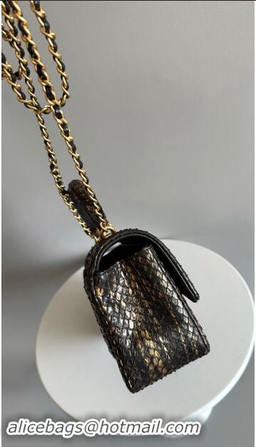 Low Price Chanel Mini Classic Flap Bag with Top Handle in Pythonskin Leather AS2431 Black/Yellow 2024