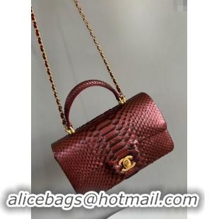 Classic Chanel Mini Classic Flap Bag with Top Handle in Pythonskin Leather AS2431 Dark Burgundy 2024