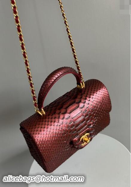 Classic Chanel Mini Classic Flap Bag with Top Handle in Pythonskin Leather AS2431 Dark Burgundy 2024