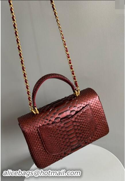 Classic Chanel Mini Classic Flap Bag with Top Handle in Pythonskin Leather AS2431 Dark Burgundy 2024