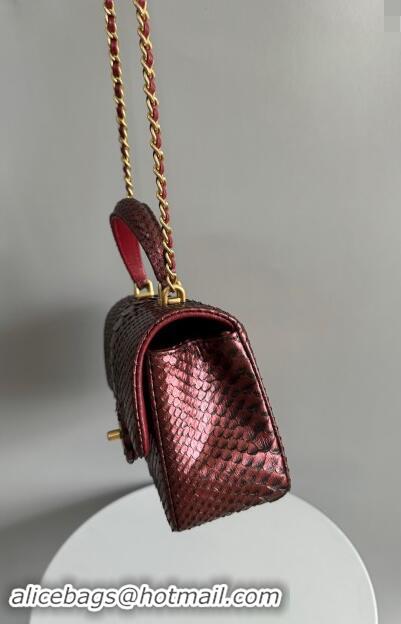 Classic Chanel Mini Classic Flap Bag with Top Handle in Pythonskin Leather AS2431 Dark Burgundy 2024