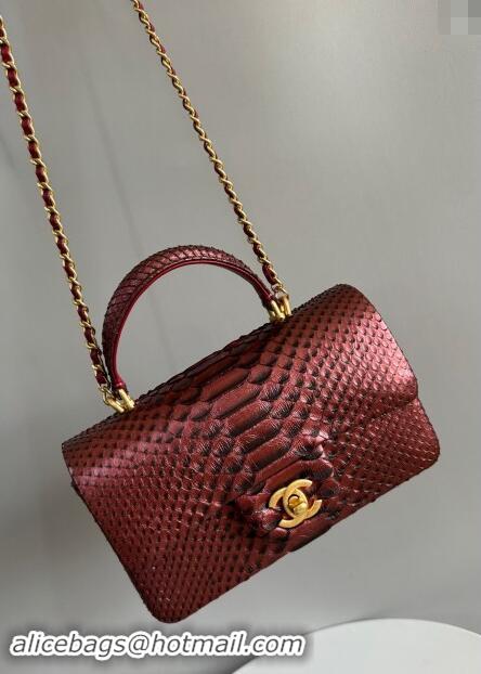 Classic Chanel Mini Classic Flap Bag with Top Handle in Pythonskin Leather AS2431 Dark Burgundy 2024