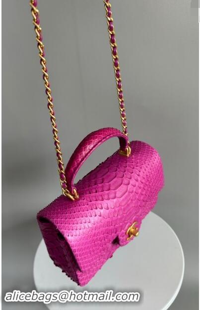 Grade Quality Chanel Mini Classic Flap Bag with Top Handle in Pythonskin Leather AS2431 Dark Pink 2024