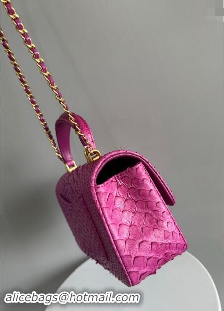 Grade Quality Chanel Mini Classic Flap Bag with Top Handle in Pythonskin Leather AS2431 Dark Pink 2024