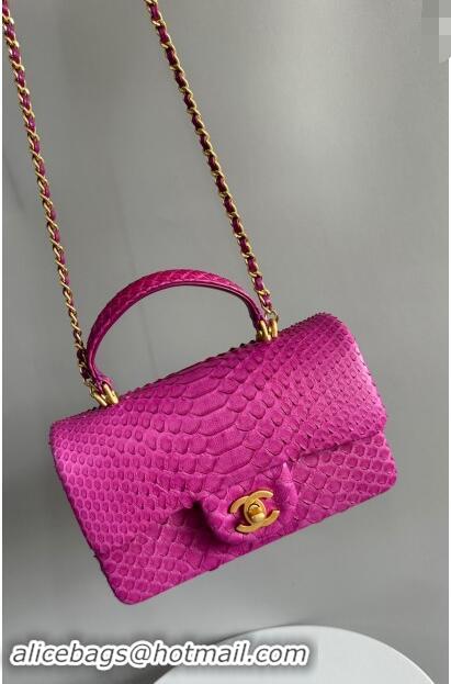 Grade Quality Chanel Mini Classic Flap Bag with Top Handle in Pythonskin Leather AS2431 Dark Pink 2024