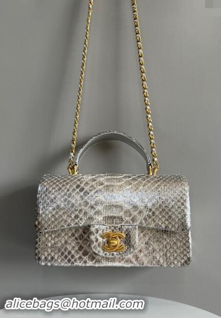 Cheap Design Chanel Mini Classic Flap Bag with Top Handle in Pythonskin Leather AS2431 Shiny Silver 2024