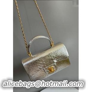 Top Grade Chanel Mini Classic Flap Bag with Top Handle in Pythonskin Leather AS2431 Iridescent Silver 2024