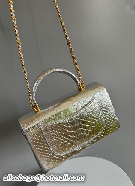 Top Grade Chanel Mini Classic Flap Bag with Top Handle in Pythonskin Leather AS2431 Iridescent Silver 2024