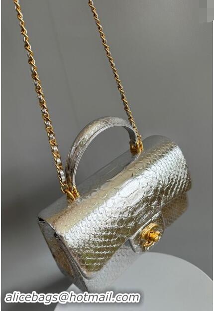 Top Grade Chanel Mini Classic Flap Bag with Top Handle in Pythonskin Leather AS2431 Iridescent Silver 2024