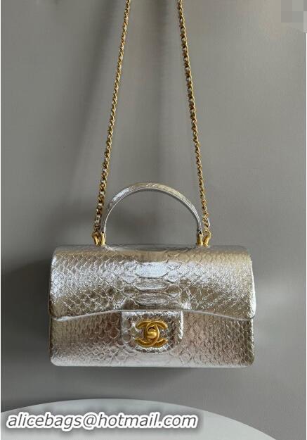 Top Grade Chanel Mini Classic Flap Bag with Top Handle in Pythonskin Leather AS2431 Iridescent Silver 2024