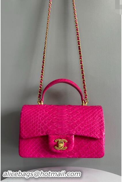 New Fashion Chanel Mini Classic Flap Bag with Top Handle in Pythonskin Leather AS2431 Deep Pink 2024