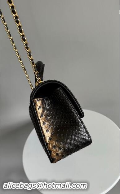 Pretty Style Chanel Mini Classic Flap Bag with Top Handle in Pythonskin Leather AS2431 Black/Gold 2024