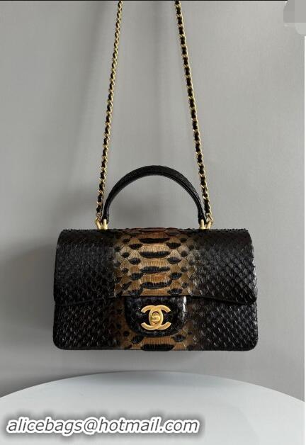 Pretty Style Chanel Mini Classic Flap Bag with Top Handle in Pythonskin Leather AS2431 Black/Gold 2024