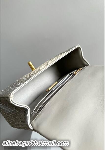 Best Grade Chanel Mini Classic Flap Bag with Top Handle in Pythonskin Leather AS2431 Silver Grey 2024