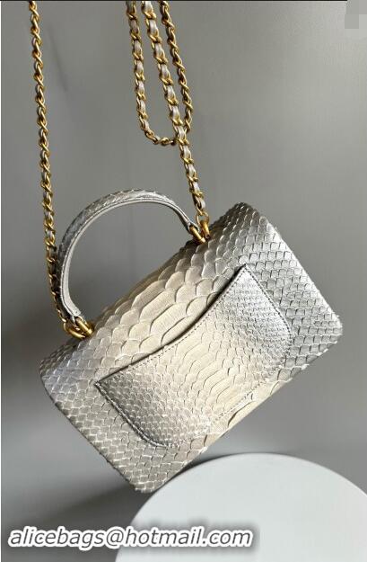 Best Grade Chanel Mini Classic Flap Bag with Top Handle in Pythonskin Leather AS2431 Silver Grey 2024