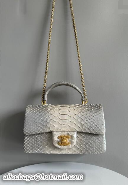 Best Grade Chanel Mini Classic Flap Bag with Top Handle in Pythonskin Leather AS2431 Silver Grey 2024