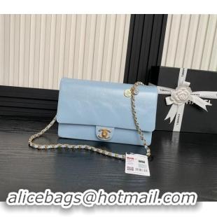 Pretty Style Chanel Medium Flap Bag with Chain in Grained Shiny Calfskin AS5180 Light Blue 2024