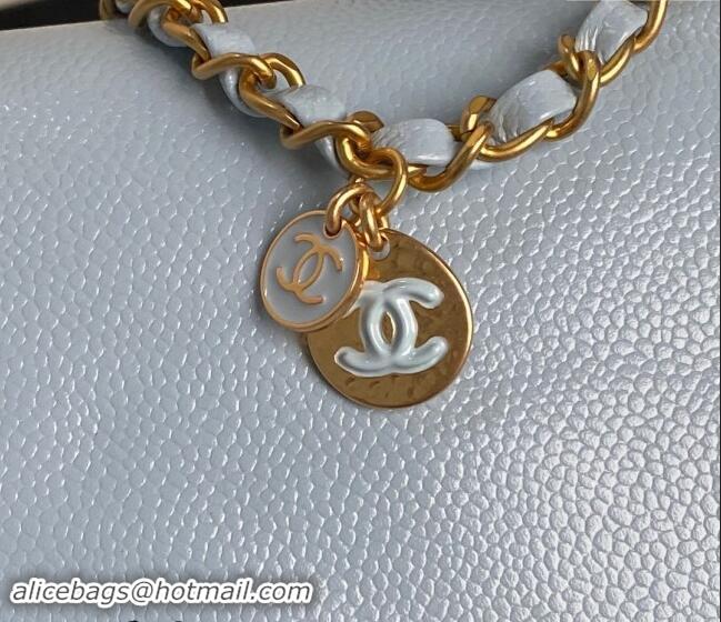 Pretty Style Chanel Medium Flap Bag with Chain in Grained Shiny Calfskin AS5180 Light Blue 2024