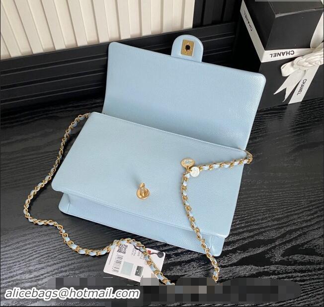 Pretty Style Chanel Medium Flap Bag with Chain in Grained Shiny Calfskin AS5180 Light Blue 2024