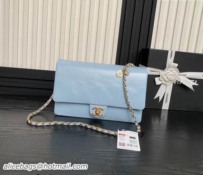 Pretty Style Chanel Medium Flap Bag with Chain in Grained Shiny Calfskin AS5180 Light Blue 2024