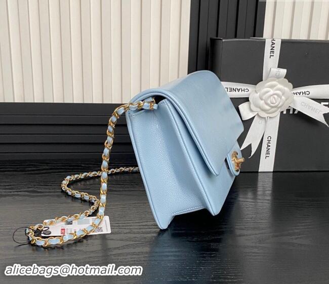 Pretty Style Chanel Medium Flap Bag with Chain in Grained Shiny Calfskin AS5180 Light Blue 2024