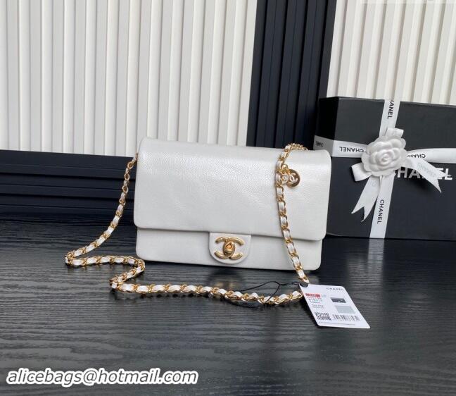 New Fashion Chanel Grained Shiny Calfskin Small Flap Bag with Chain AS5186 White 2024