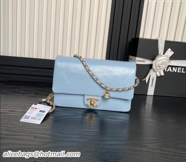 Luxury Discount Chanel Grained Shiny Calfskin Small Flap Bag with Chain AS5186 Light Blue 2024