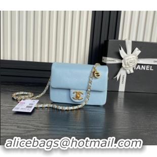 Promotional Chanel Grained Shiny Calfskin Mini Flap Bag with Chain AS5218 Light Blue 2024