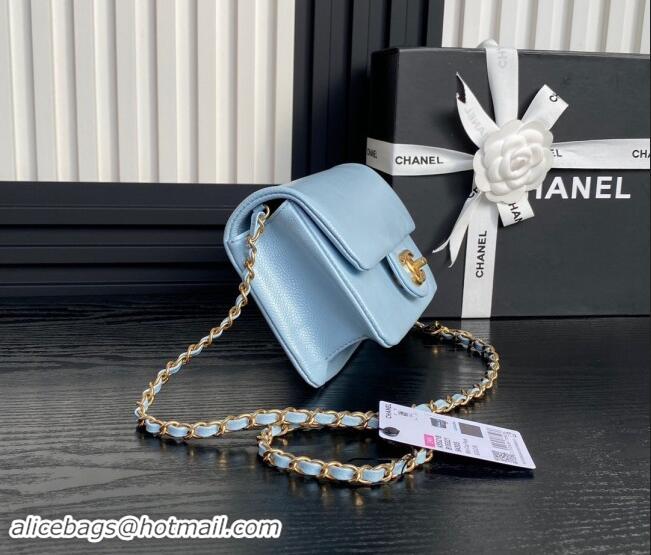 Promotional Chanel Grained Shiny Calfskin Mini Flap Bag with Chain AS5218 Light Blue 2024