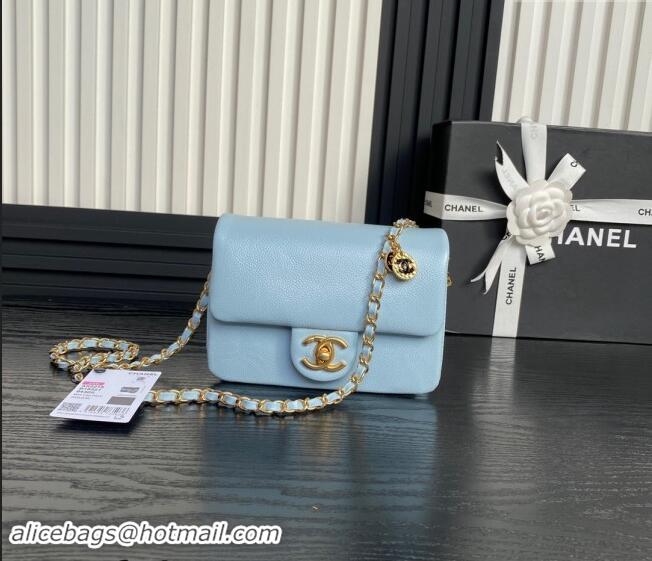 Promotional Chanel Grained Shiny Calfskin Mini Flap Bag with Chain AS5218 Light Blue 2024