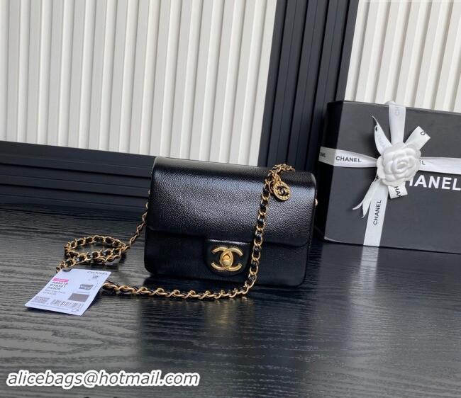 Pretty Style Chanel Grained Shiny Calfskin Mini Flap Bag with Chain AS5218 Black 2024