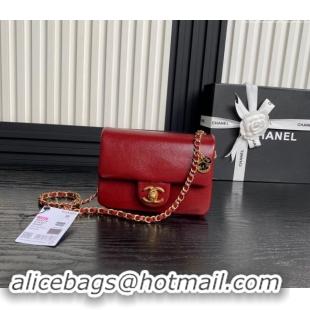 New Release Creation Chanel Grained Shiny Calfskin Mini Flap Bag with Chain AS5218 Red 2024