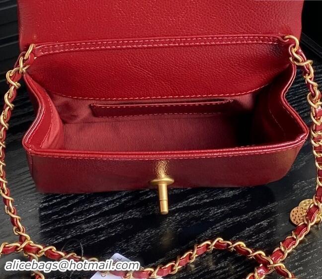 New Release Creation Chanel Grained Shiny Calfskin Mini Flap Bag with Chain AS5218 Red 2024