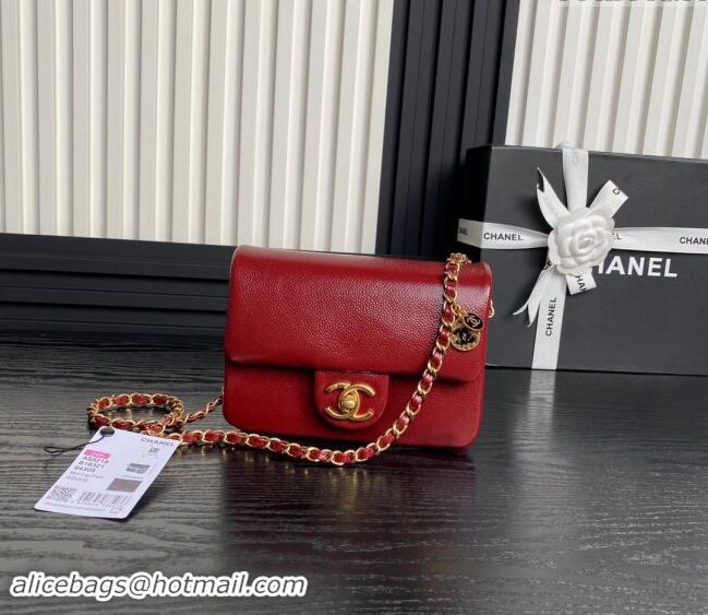 New Release Creation Chanel Grained Shiny Calfskin Mini Flap Bag with Chain AS5218 Red 2024