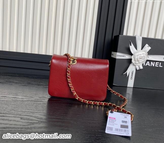 New Release Creation Chanel Grained Shiny Calfskin Mini Flap Bag with Chain AS5218 Red 2024