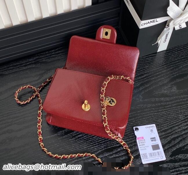 New Release Creation Chanel Grained Shiny Calfskin Mini Flap Bag with Chain AS5218 Red 2024