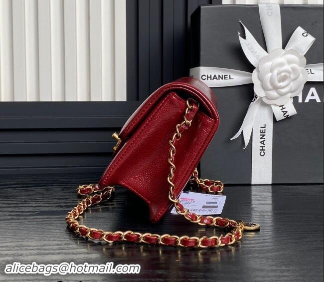 New Release Creation Chanel Grained Shiny Calfskin Mini Flap Bag with Chain AS5218 Red 2024