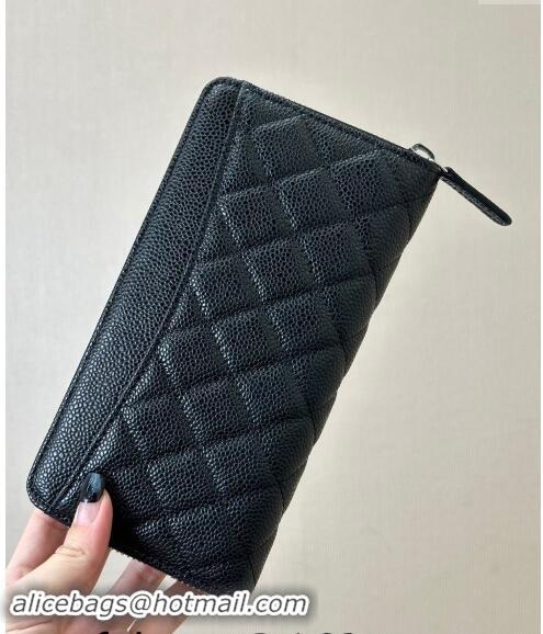 New Style Chanel Grained Calfskin Zip Wallet 50097 Black/Silver 2024