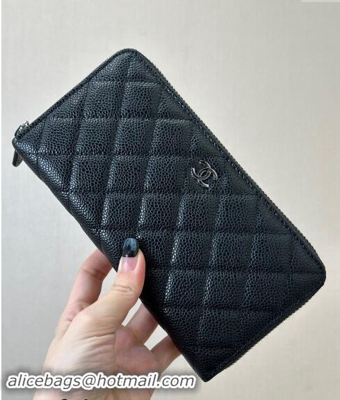 New Style Chanel Grained Calfskin Zip Wallet 50097 Black/Silver 2024