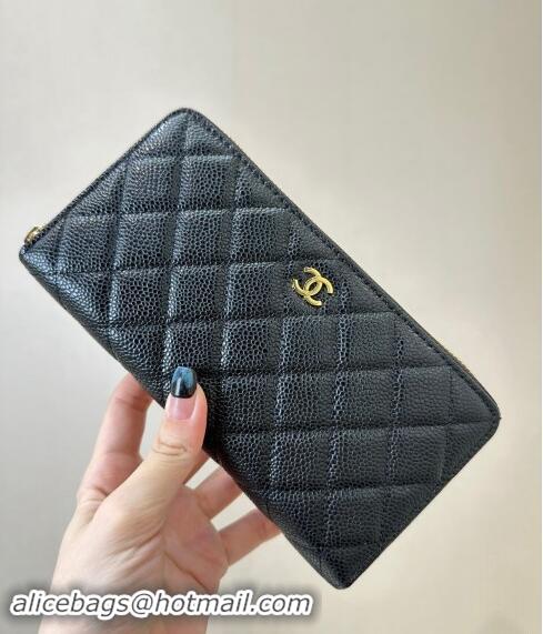 Reasonable Price Chanel Grained Calfskin Zip Wallet 50097 Black/Gold 2024