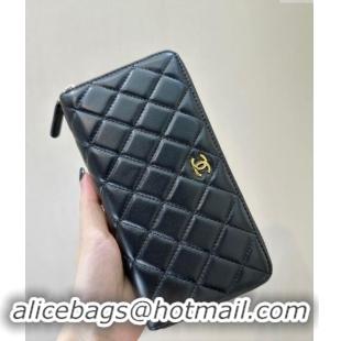 Most Popular Chanel Lambskin Zip Wallet 50097 Black/Gold 2024