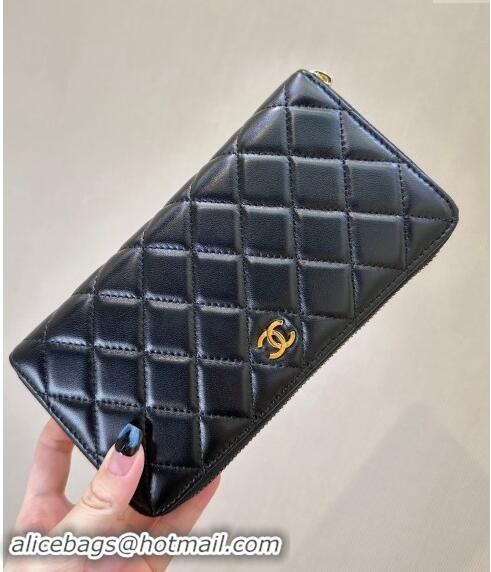 Most Popular Chanel Lambskin Zip Wallet 50097 Black/Gold 2024