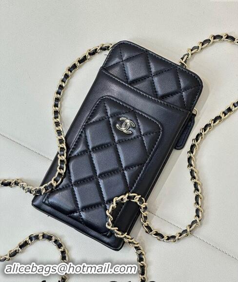 Trendy Design Chanel Lambskin Phone Holder with Chain AP0990 Black/Gold 2024