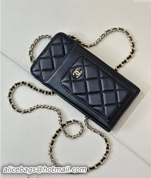 Trendy Design Chanel Lambskin Phone Holder with Chain AP0990 Black/Gold 2024