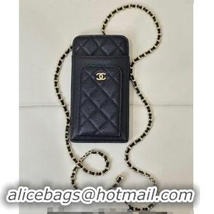 Top Design Chanel Grained Calfskin Phone Holder with Chain AP0990 Black/Gold 2024