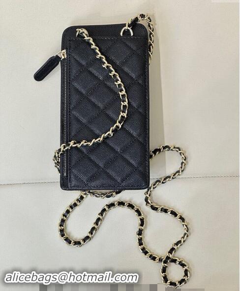 Top Design Chanel Grained Calfskin Phone Holder with Chain AP0990 Black/Gold 2024