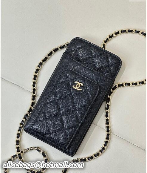 Top Design Chanel Grained Calfskin Phone Holder with Chain AP0990 Black/Gold 2024