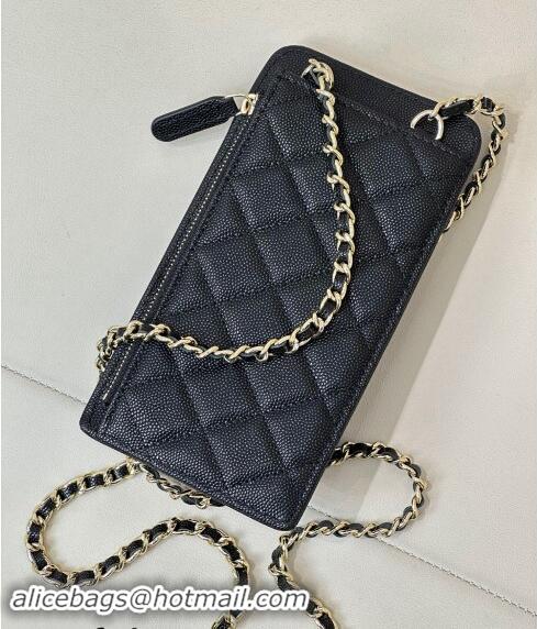 Top Design Chanel Grained Calfskin Phone Holder with Chain AP0990 Black/Gold 2024