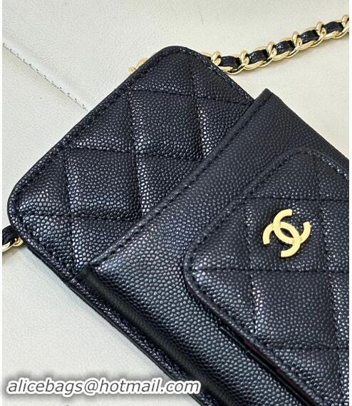 Top Design Chanel Grained Calfskin Phone Holder with Chain AP0990 Black/Gold 2024