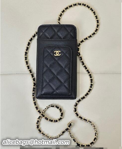 Top Design Chanel Grained Calfskin Phone Holder with Chain AP0990 Black/Gold 2024